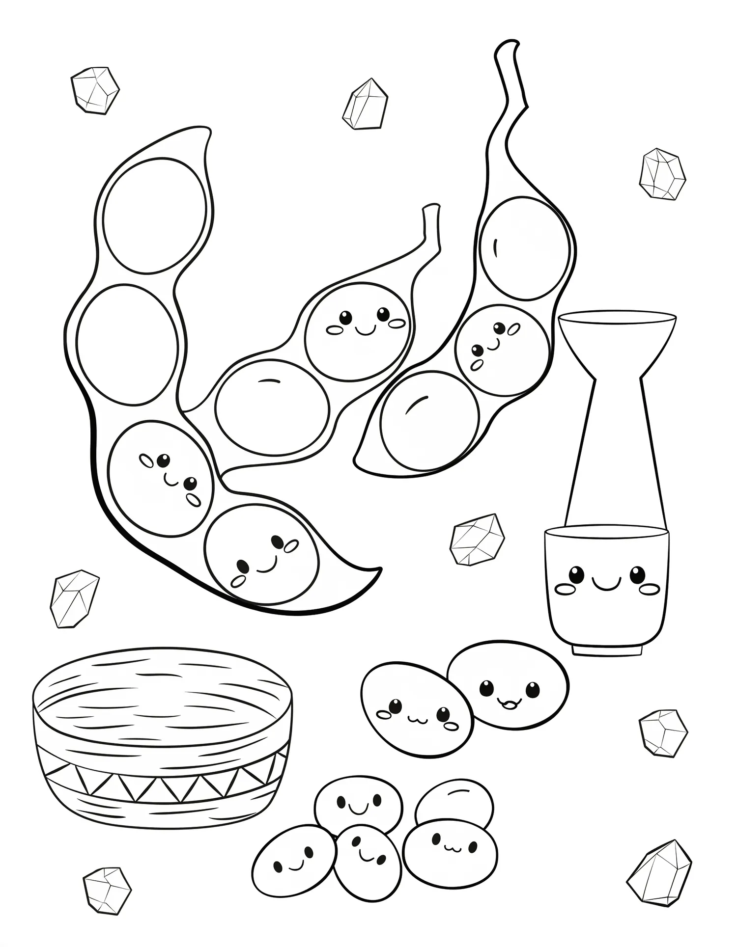 Edamame Kawaii en Cosse - Coloriage kawaii à imprimer gratuitement